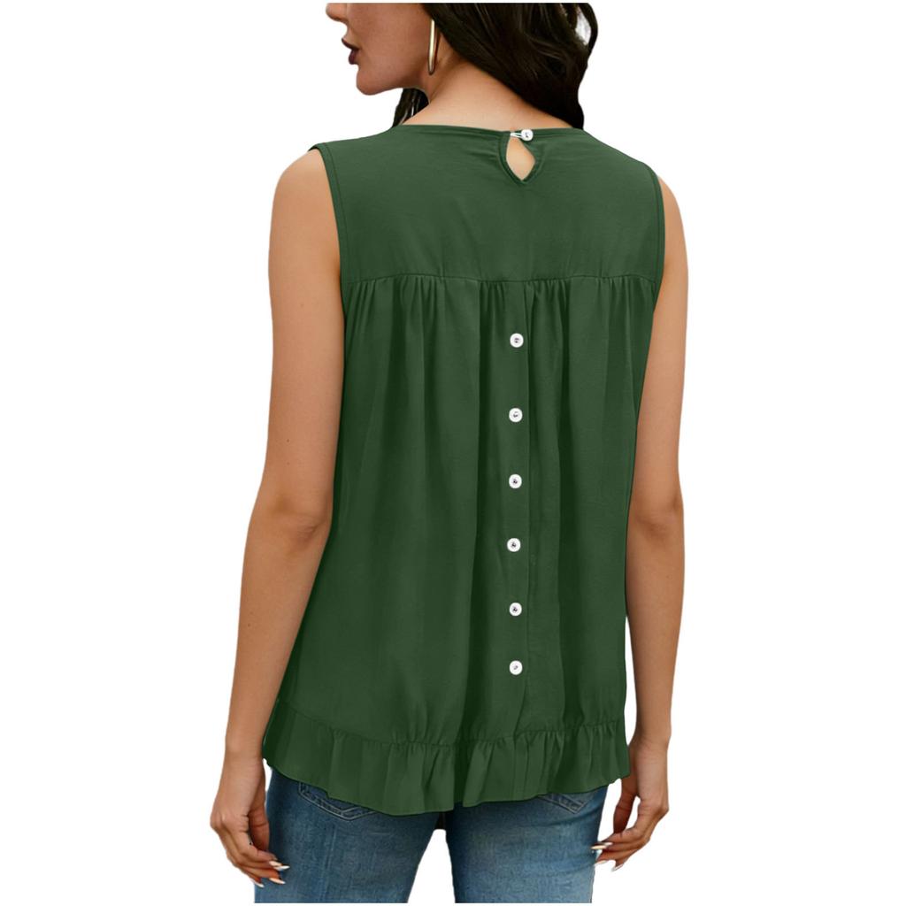Women's Sleeveless Button Down Shirt Casual Summer Blouse Loose Fit Round Neck Ruffle Hem Lightweight Top