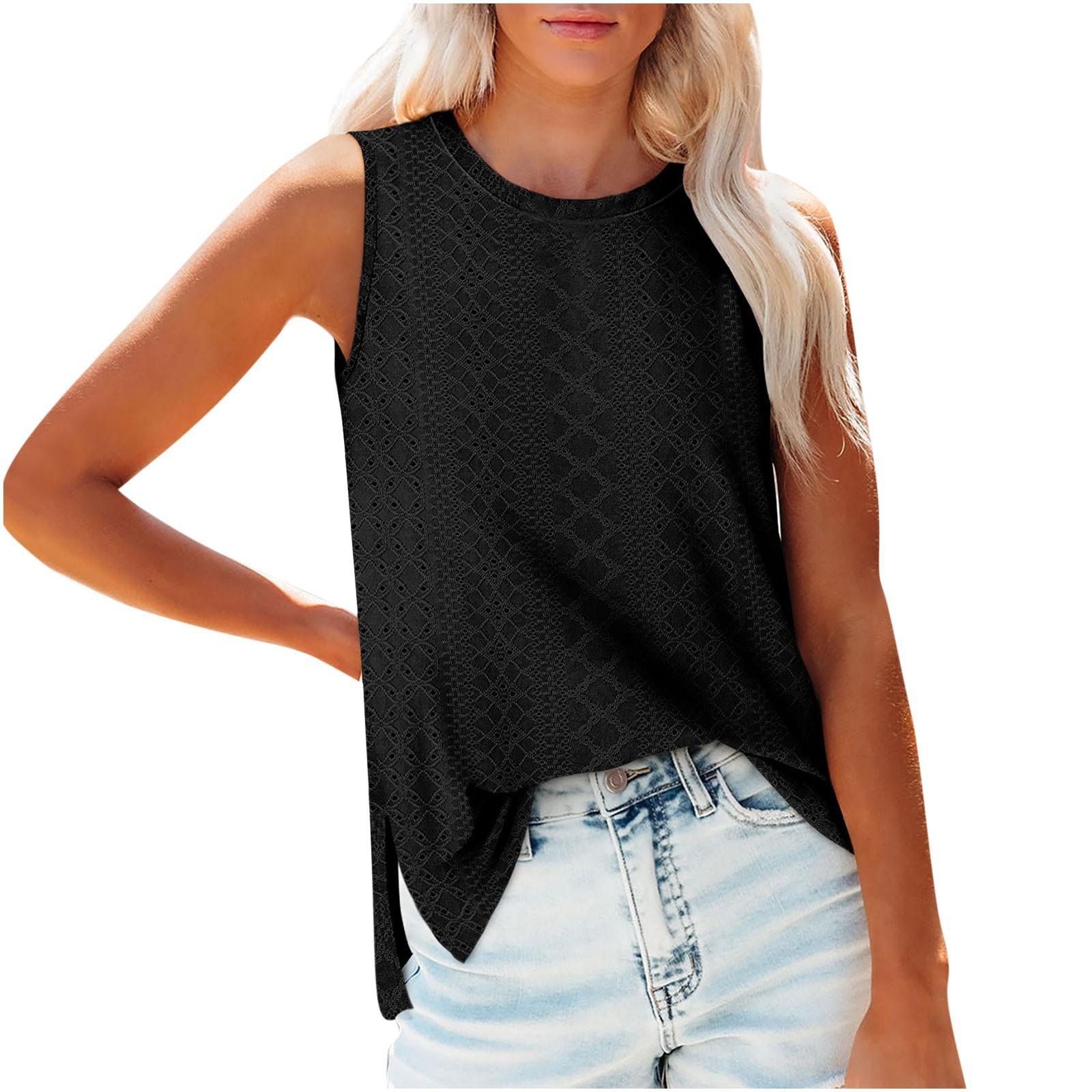 2026 Summer New Women s Solid Color Vest Round Neck Slit Sleeveless T-Shirt S чёрный