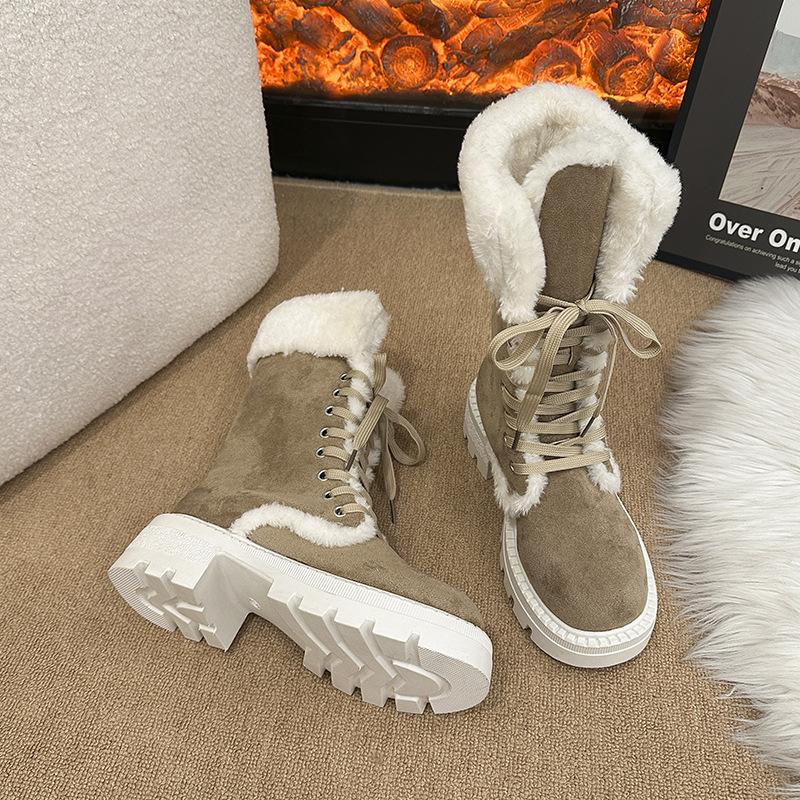 Women's Thick-soled Mid-calf Winter Warm Fur an Inner Lining Plush Snow Boots Non-slip Wear Casual Sports Martin Cotton Boots
