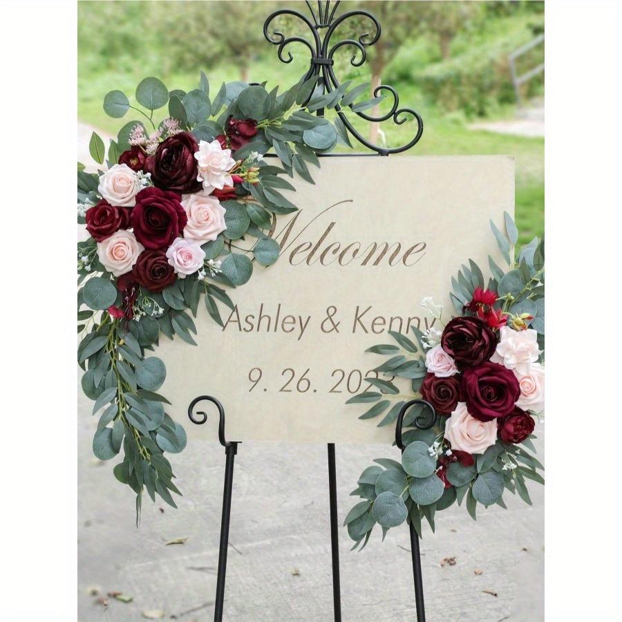 2pcs-Wedding Arch Flowers, Artificial Burgundy Wedding Flowers, Wedding Welcome Sign Decoration and Arch Flowers for Wedding Reception