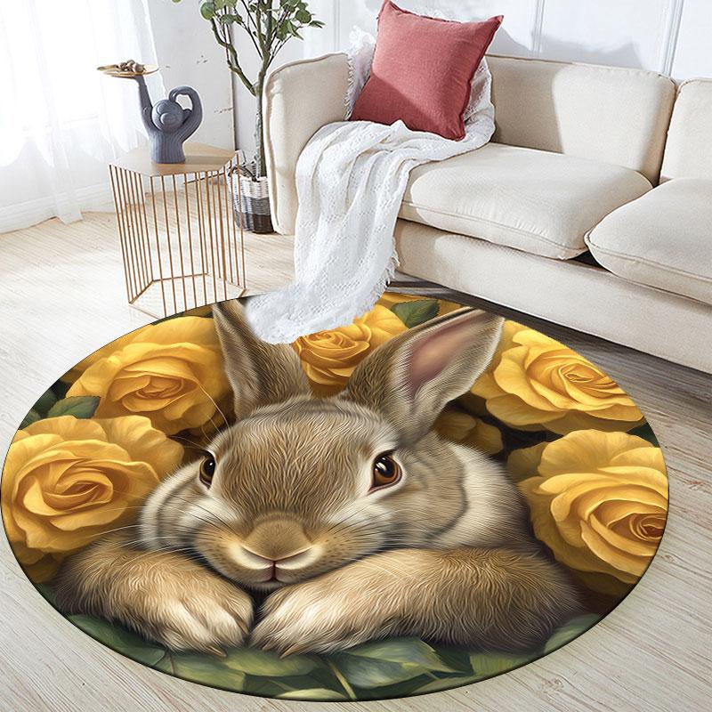 Rabbits & Fresh Flowers pattern round rug,Carpet Rug for Living Room Bedroom Playroom ,Non-slip Floor Mat,Holiday Gifts and Birthday Gifts.
