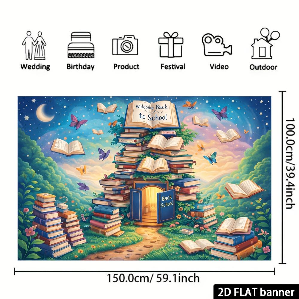 Bannière Plate 2D - Bannière Thème Saison Scolaire - Tissu de Fond avec Motif Château de Livres, présentant des livres flottants.