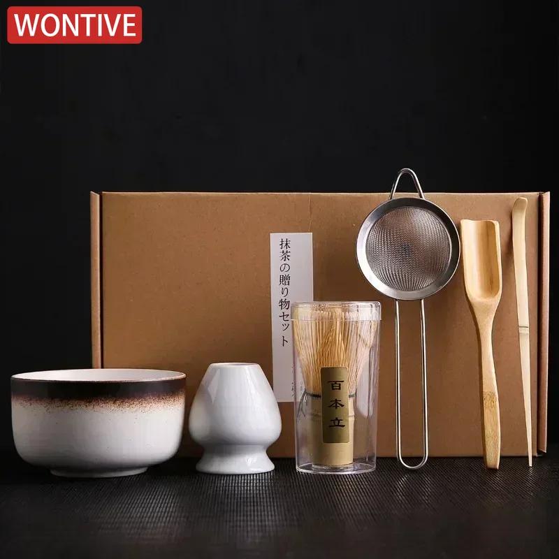 6 Pcs Bamboo Matcha Whisk Scoop and Holder Matcha Bowl with Strainer Japanese Matcha Ceremony Accessory for Family Beginner