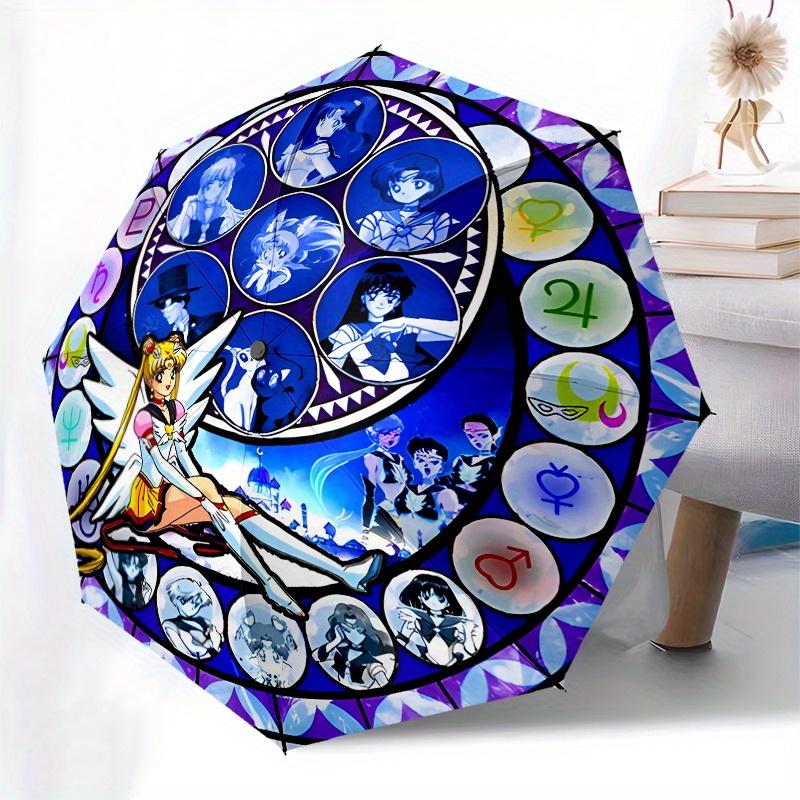Stampa Artistica Sailor Moon Ispirata alle Vetrate Ombrello, Ombrello Compatto Pieghevole a 3 Ante Portatile per Uomo e Donna Regalo