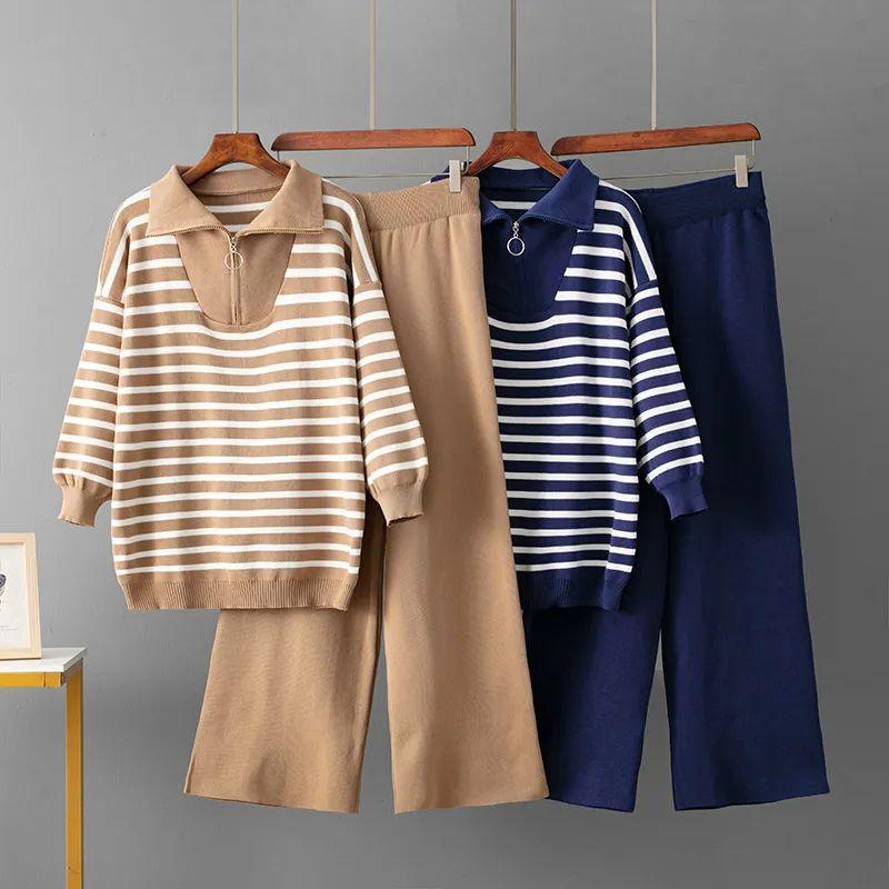 Polo Collar Striped sweater Set Women Autumn and Winter Foreign Trade Loose European and American Fashion Leisure Knit two piece Temu