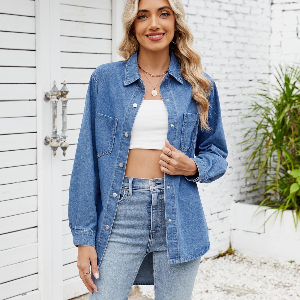 Women's Turn Down Collar Long Sleeve Loose Fit Street Style Mid‑Length Denim Shirt Blouse