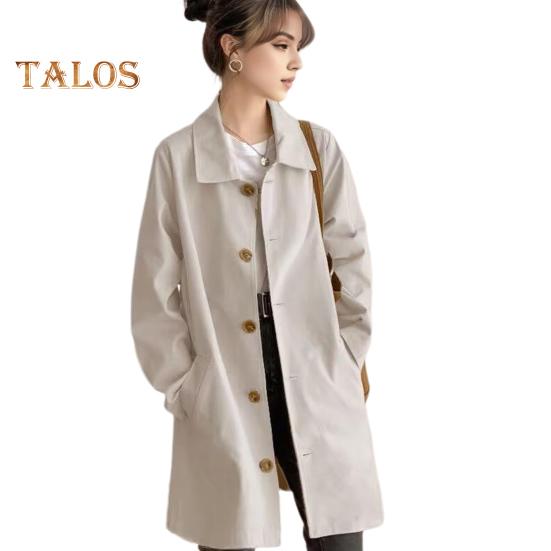 Damenjacke mit Umlegekragen, langen Ärmeln, geknöpfter Windbreaker, weite Taschen, mittlere Länge, Outdoor-Reise-/Pendlermantel