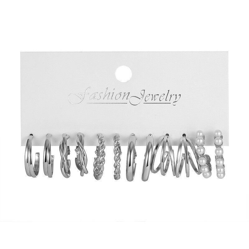 New Arrival Stylish Silver Earrings Suit Fashion Inlaid Pearl Earrings Circle Simple Cold Style Ear Ring