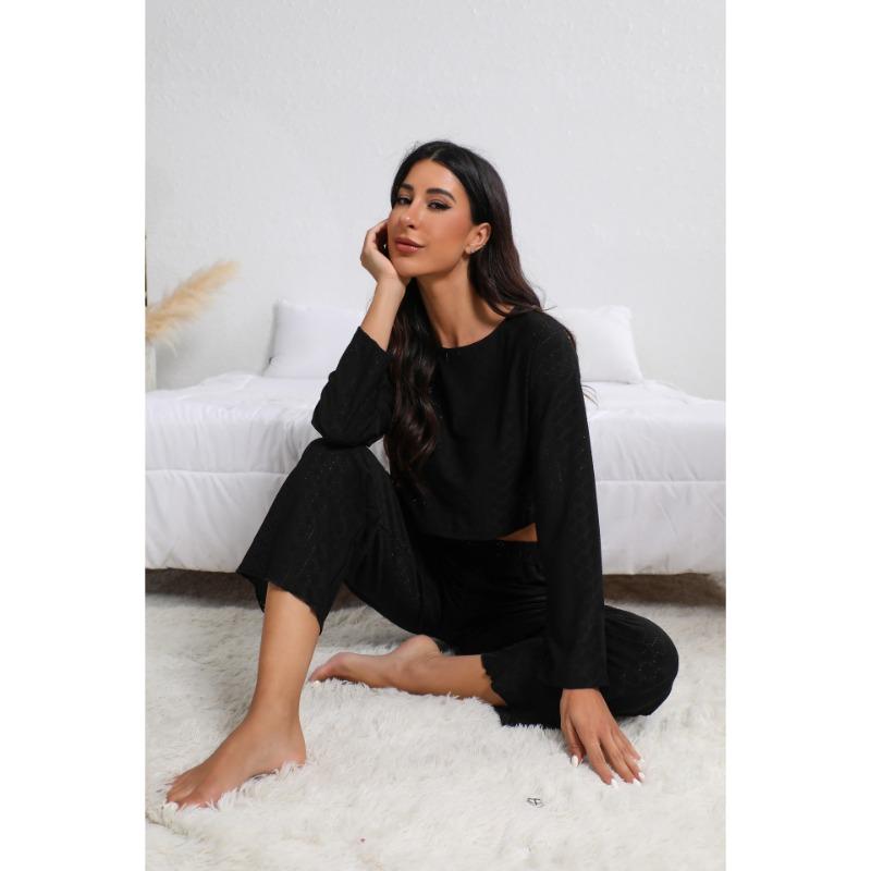 Spring Autumn Solid Color Simple Fashion Long Sleeve Crop Top Loose Casual Elastic Waist Pants Suit Women Set