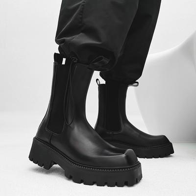 Men Fashion High Top Chimney Boots  Designer Square Toe Shoes Punk Stage Orginal Leather Platform Boot Long Chelsea Botas
