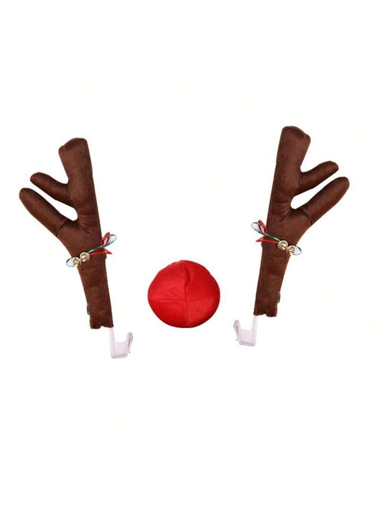 Christmas Reindeer Antler Car Decoration Kit – Rudolph Red Nose + Jingle Bells, Festive Auto Accessory Gift.