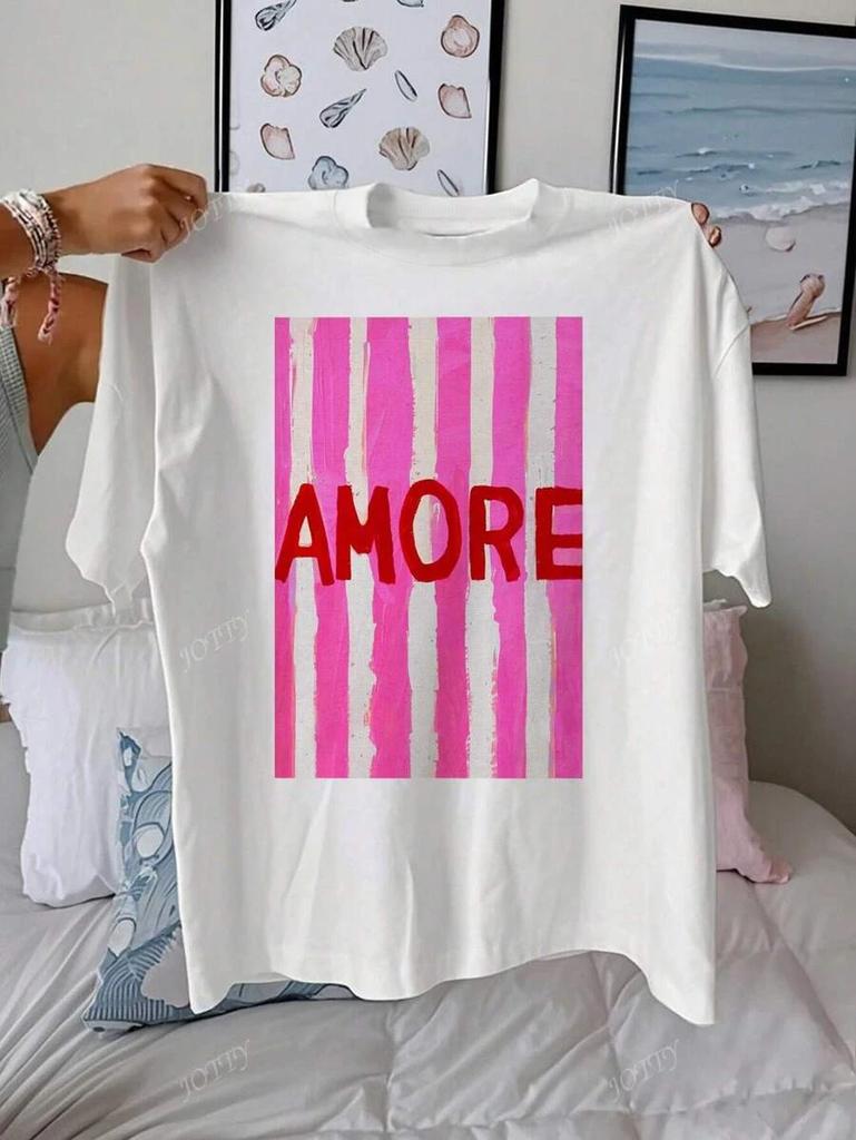 AMORE Striped Art Pattern Summer Outfits Unisex Casual Round Neck Short Sleeve TShirt Tops Beach Surf Tshirt