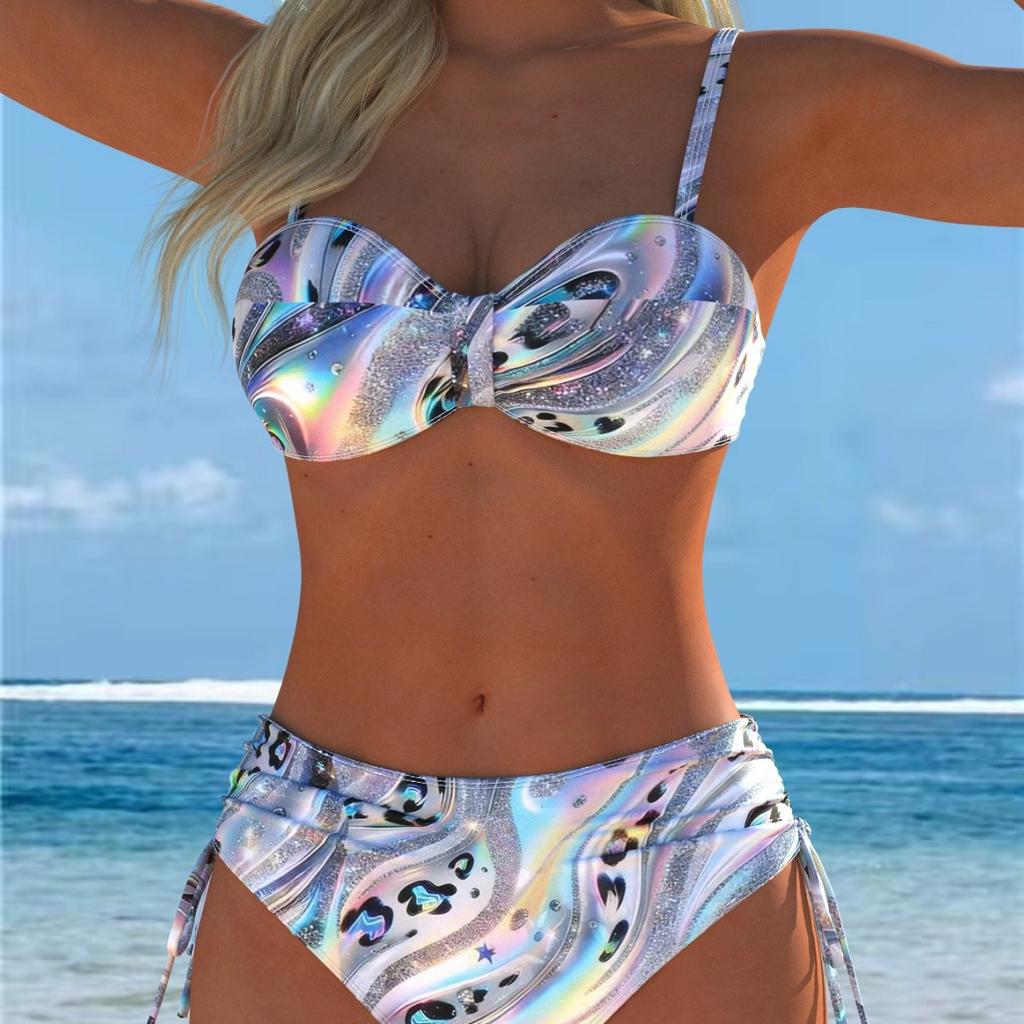 1011 New Sexy European and American Bikini Print Lace-up Halter Swimsuit Women