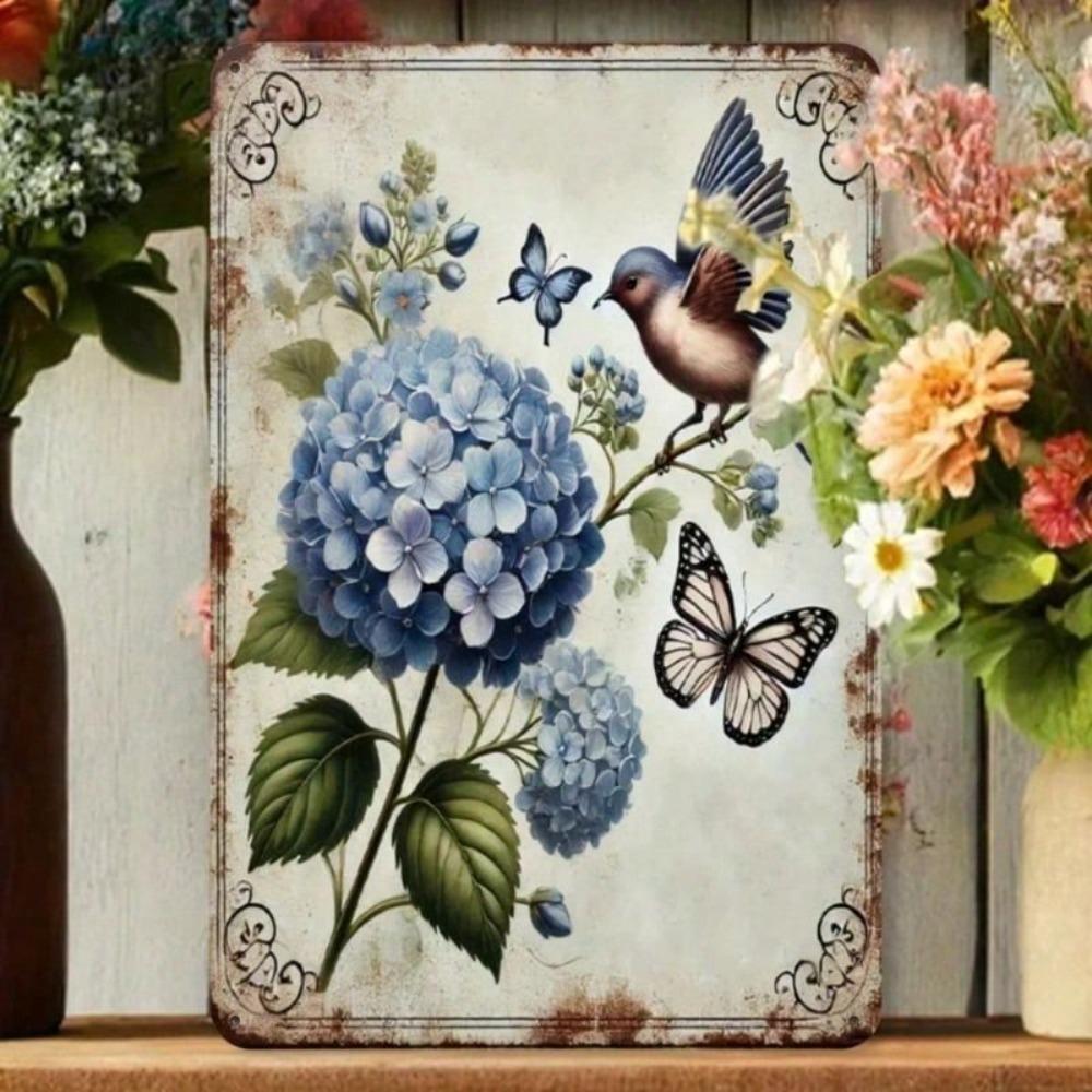 Retro Metal Sign Hydrangea Bird Butterfly Wall Art Home Decor