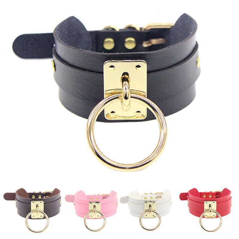 Collana Girocollo Punk Gotico Larga in Ecopelle con O-ring per Donna