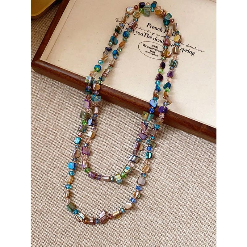 Lady's Retro Necklace, Bohemian Colored Shell Beaded Double-Layer Necklace, Retro Light Luxury Holiday Long Necklace That Can Be Stacked, The Colors O