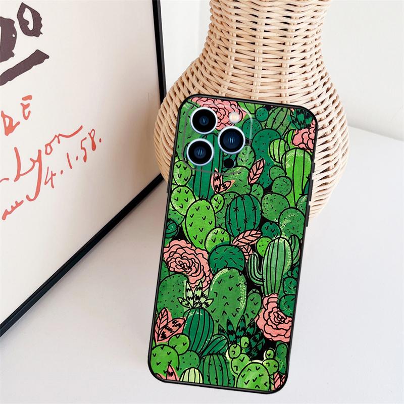 Cactus Pattern Case For iPhone 11 12 13 14 16 15 Pro Max Mini X XS Max XR Plus Cover Coque
