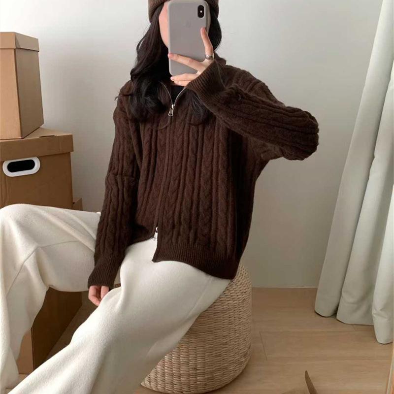 Retro twist knitted cardigan for women's autumn and winter new lazy wind double zipper stand-up neck sweater jacket for women