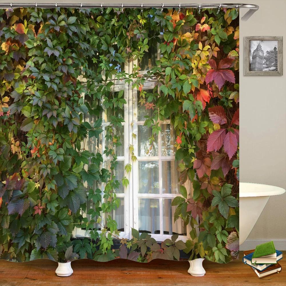 Green Plant Leaves Window Garden Printing Bathroom Shower Curtain Landscape Home Decoration Waterproof Curtain with Hook Curtain