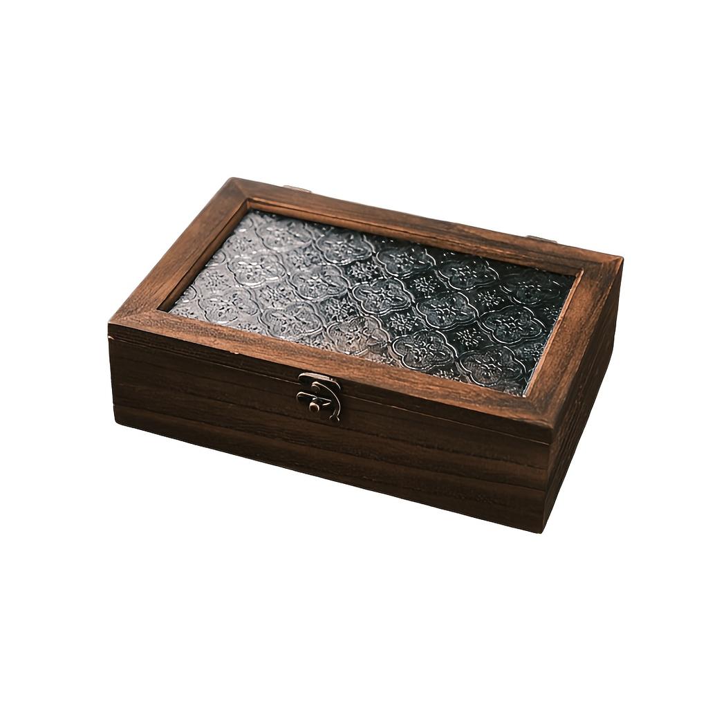 Vintage Paulownia Wood Jewelry Box with Dustproof Flip Lid, Desktop Storage Box with Embossed Begonia Glass Cover, Sturdy Wooden Jewelry Organizer
