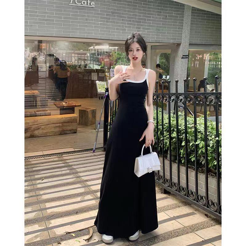 Black suspender dress women's summer new American Spice Girl long French coffee break skirt waist temperament suspender skirt