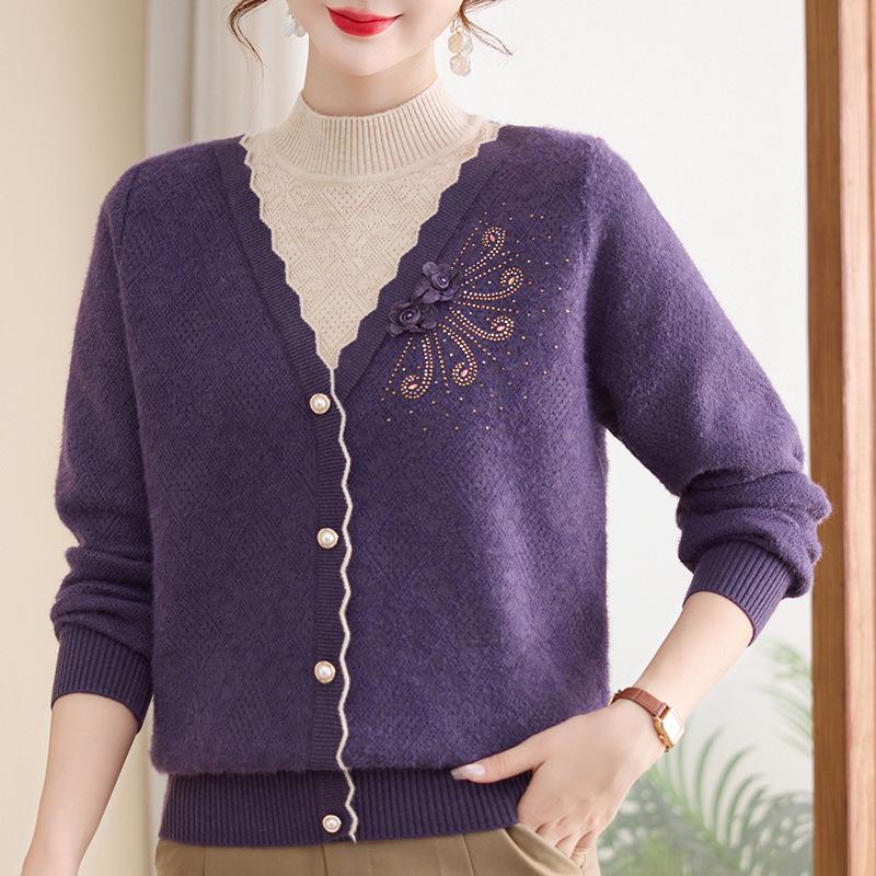 Women's Winter Knit Sweater with Fleece Lining, Faux Two-Piece, Thickened & Warm