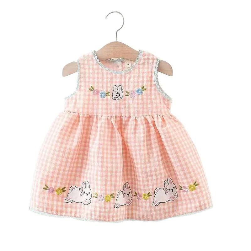 Summer Kids Sundress Toddler Pink Bunny Grid Sleeveless Dress Children Girls Yellow Clothes