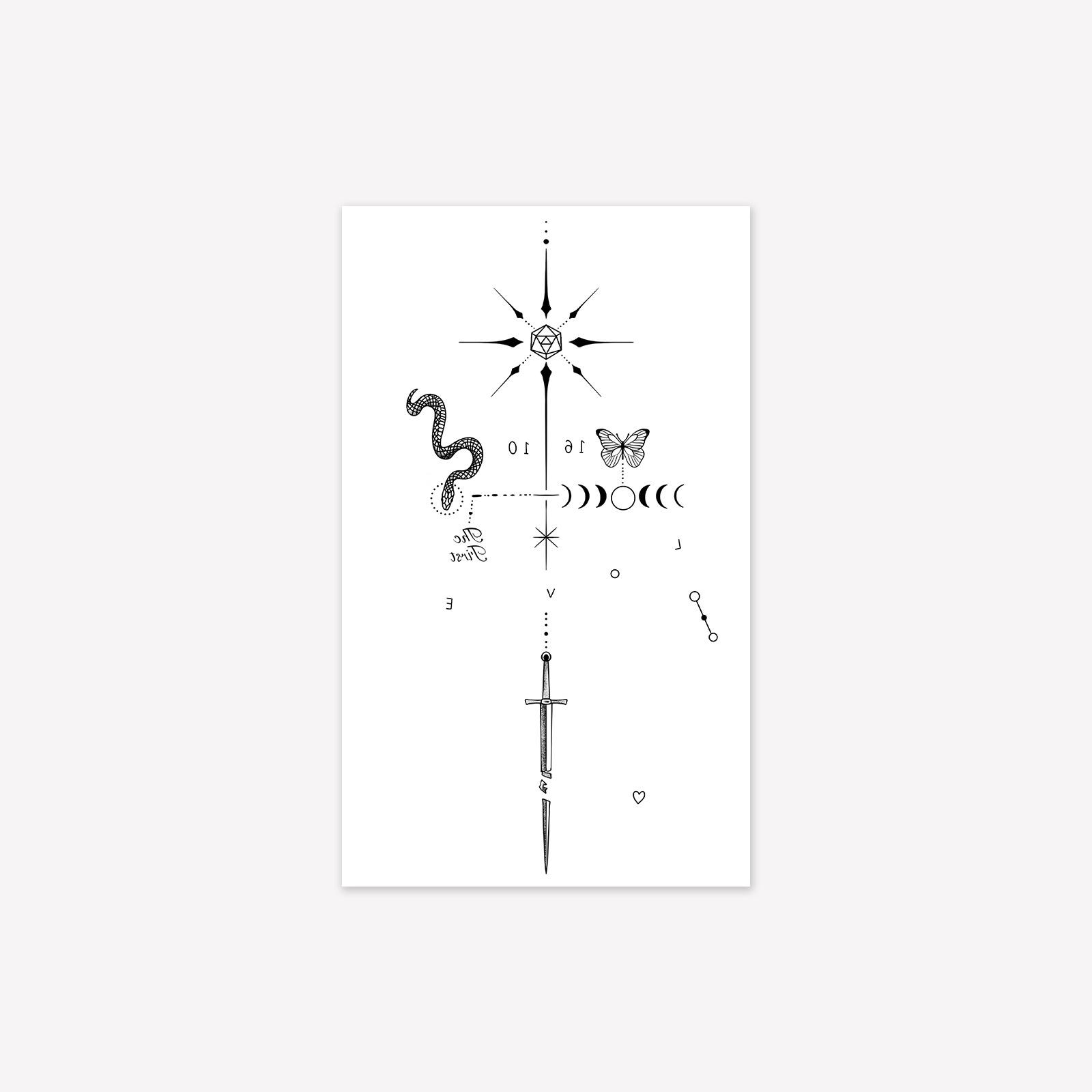 Personalized Domineering Snake Butterfly Broken Sword Star Line Hand Tattoo Sticker 9*15