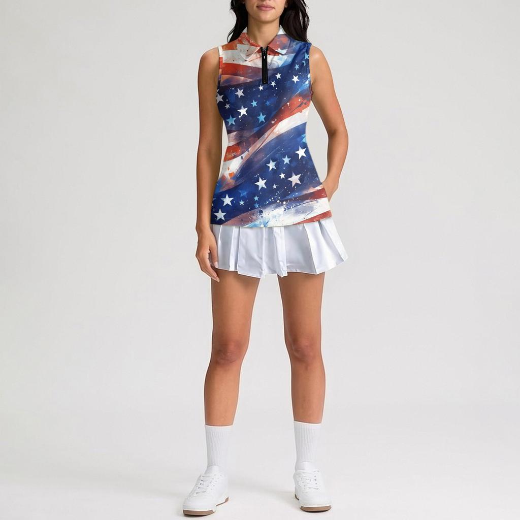 Sleeveless Golf Polo Shirt with Zipper Collar Women's Casual Athletic Top Independence Day Print Sports Vest for Outdoor Activities