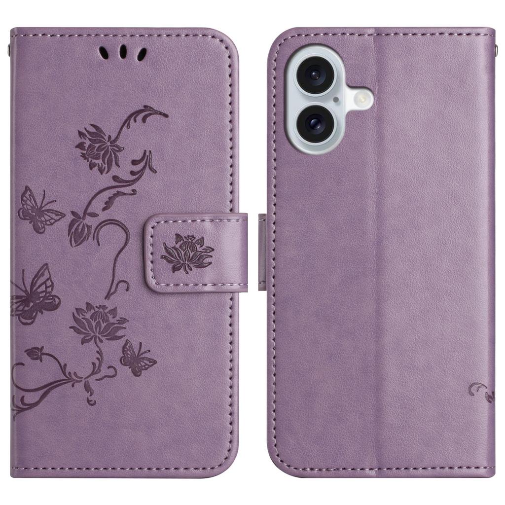For iPhone 17 Case Wallet Stand Imprinted Butterfly Flower PU Leather Phone Cover