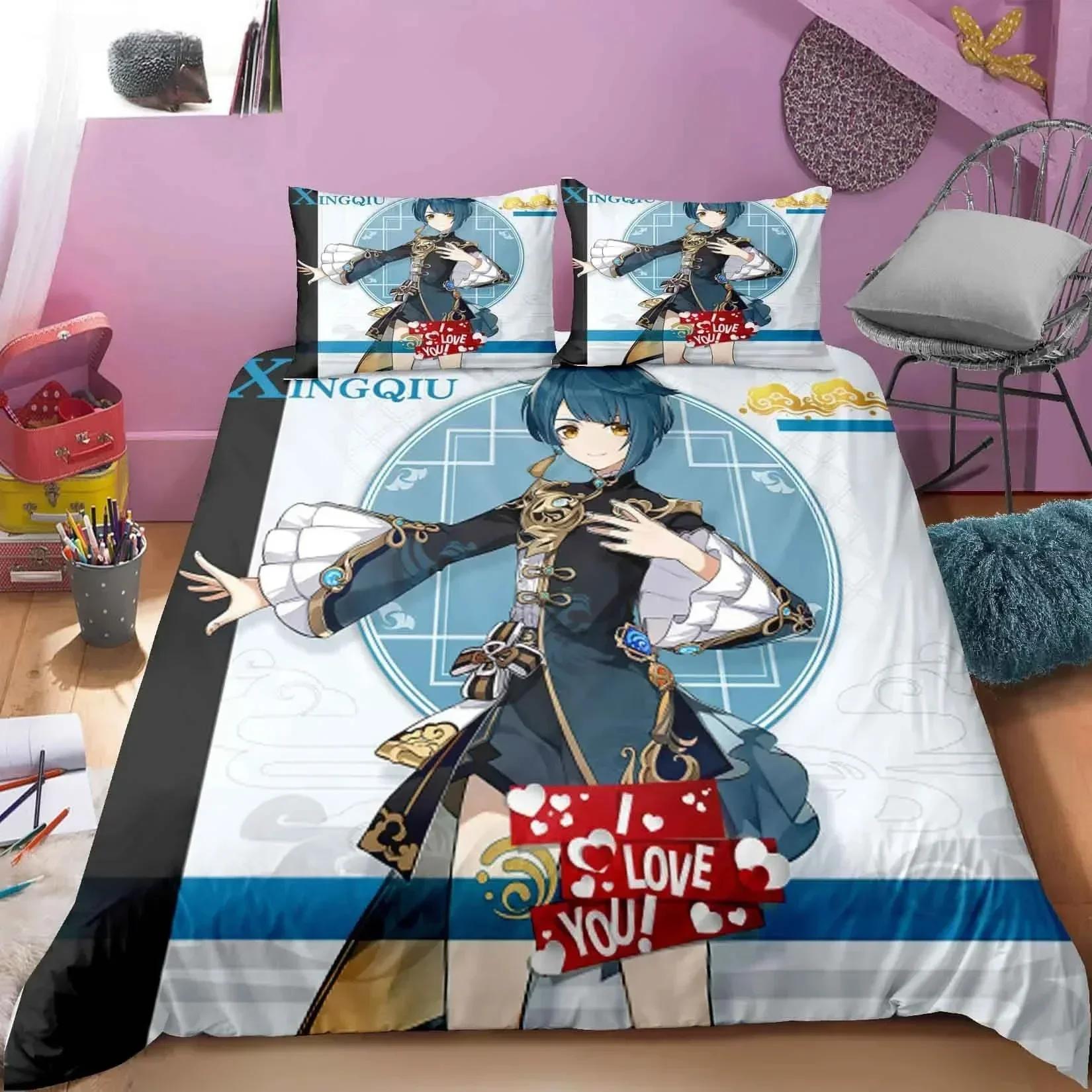 

New Anime Genshin Impact 3D Bedding Set Duvet Cover Sheet Printed Bed Set Pillowcase Bed Full Queen King Size Comforter Bedroom 135x200cm