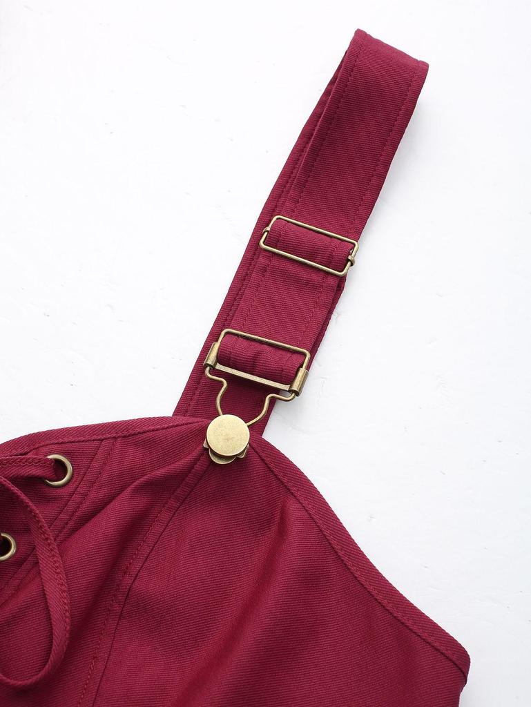 Rosegal Übergröße Schnürkleid einfarbig mit Spitze und Tasche mit abnehmbarem Gürtel