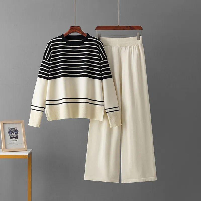 Cross-Border Amazon Autumn and Winter New Foreign Trade Stripe Knit Two Piece Round Neck Sweater Loose Casual Fashion Pants