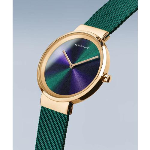 BERING Women's Quartz Watch, Green and Gold, Stainless Steel, Mesh Strap, Japan Exclusive, 19031-828, Officially Imported, 3-Year Warranty, Scratch-Re