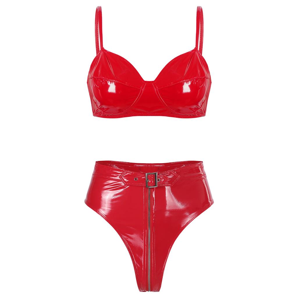 Dámský Lakovaný Podprsenkový Top Mokrého Vzhledu Kalhotky s Vysokým Střihem Bez Kostice Přední Zip Lingerie Set Rave Klubový Outfit