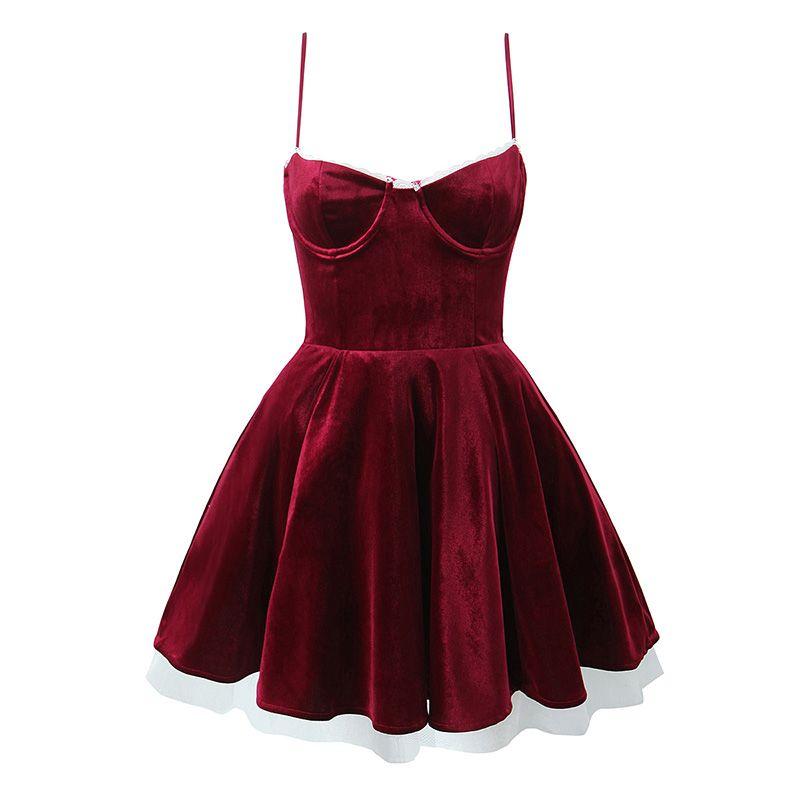 

House Same Style Christmas Atmosphere French Velvet Princess Dress Lace Lace Splicing Sling Dress Dress Wine red (with steel ring) S
