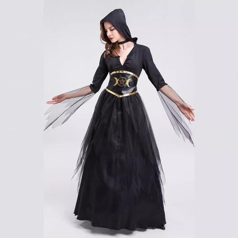 Halloween Adult Female Black V-neck Dress Vampire Ghost Reaper Witch Vampire Witch Costume