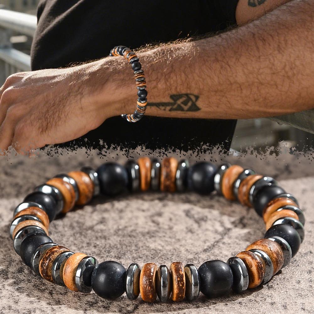 Men's Lava and Wood Bead Bracelet, Embellished with Hematite, Natural Stone Jewelry That Combines Energy,suitable for Daily Wear