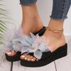 Fashion Lace Flower Decoration Beach Slides Women 2025 Summer Pearl Decoration Bohemia Wedge Heels Slippers Comfortable Non Slip Shoes