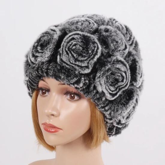 

New Arrival Winter Floral Warm Natural Rex Rabbit Fur Scarf Hat Sets Flawers Women Real Fur Scarves Hats Genuine Fur Muffles Cap