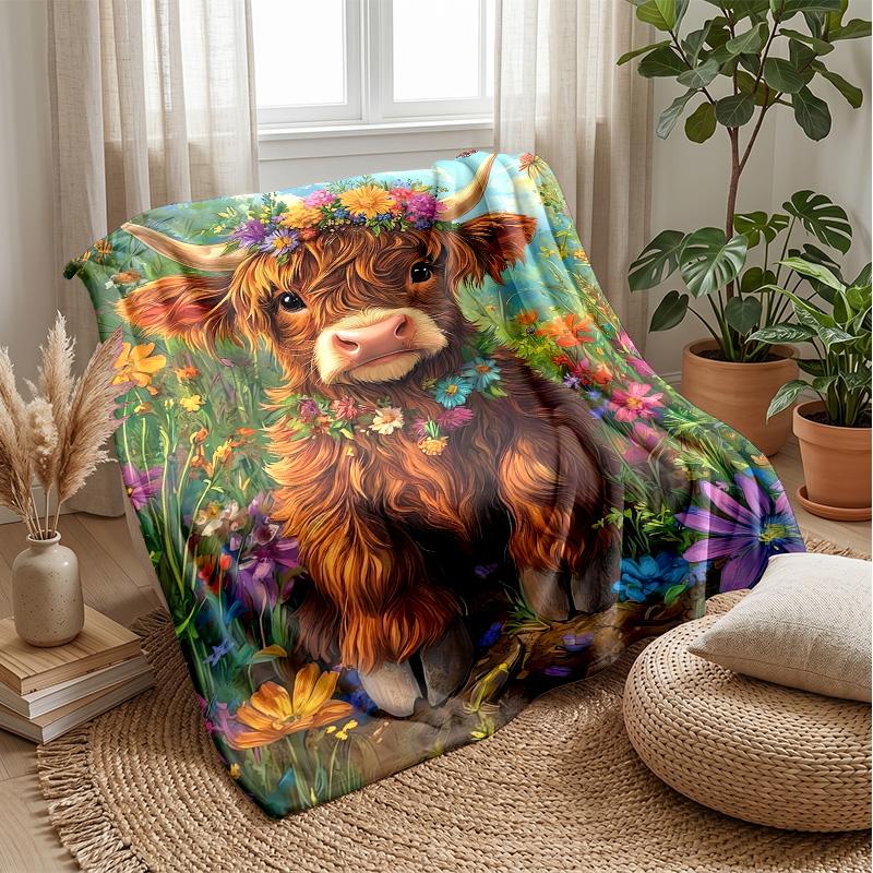 Floral Bull with Sunflowers Theme Blanket Lightweight Warm Flannel Blanket Decorative Throw Blanket for Home Decoration
