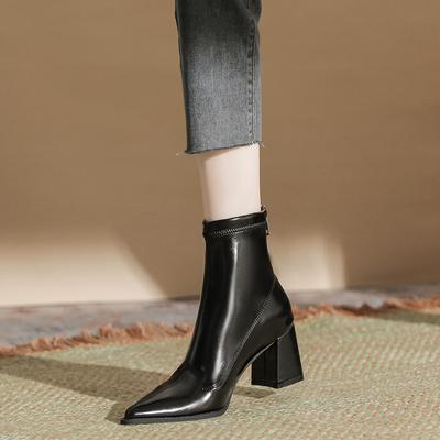 Botas de Forro Polar Li Individuales para Mujer Otoño e Invierno Caña Media Cremallera Trasera de Charol Zapatos de Mujer Línea de Costura Punta Tacón Grueso Botas de Moda