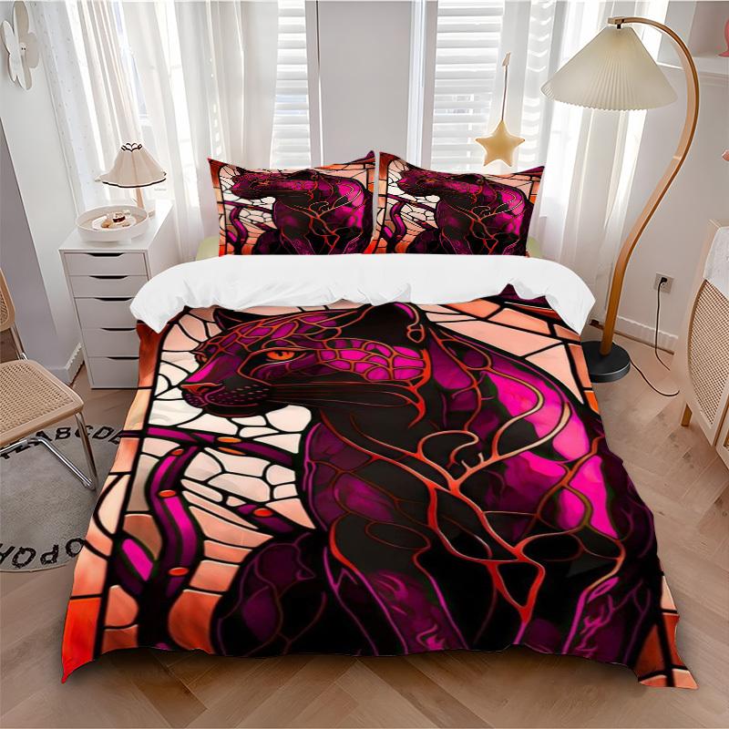 3pcs Panther Stained Glass Duvet Cover Set, Soft Comfortable Duvet Cover,Guest Room (1*Duvet Cover + 2*Pillowcase, Without Core) yy251104154