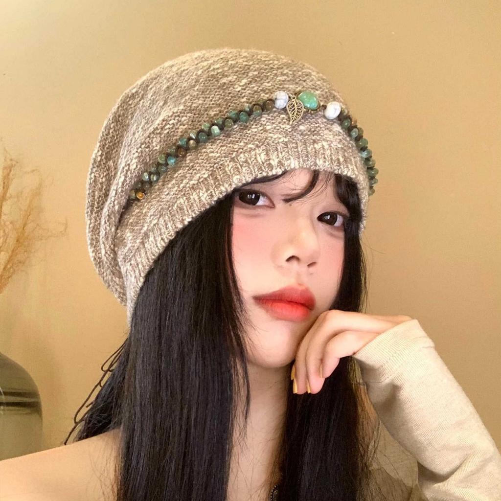 Korean Version Autumn and Winter Hat Women's Retro Versatile Ethnic Style Beaded Head Hat Big Head Circumference Warm Knitted Wool Hat