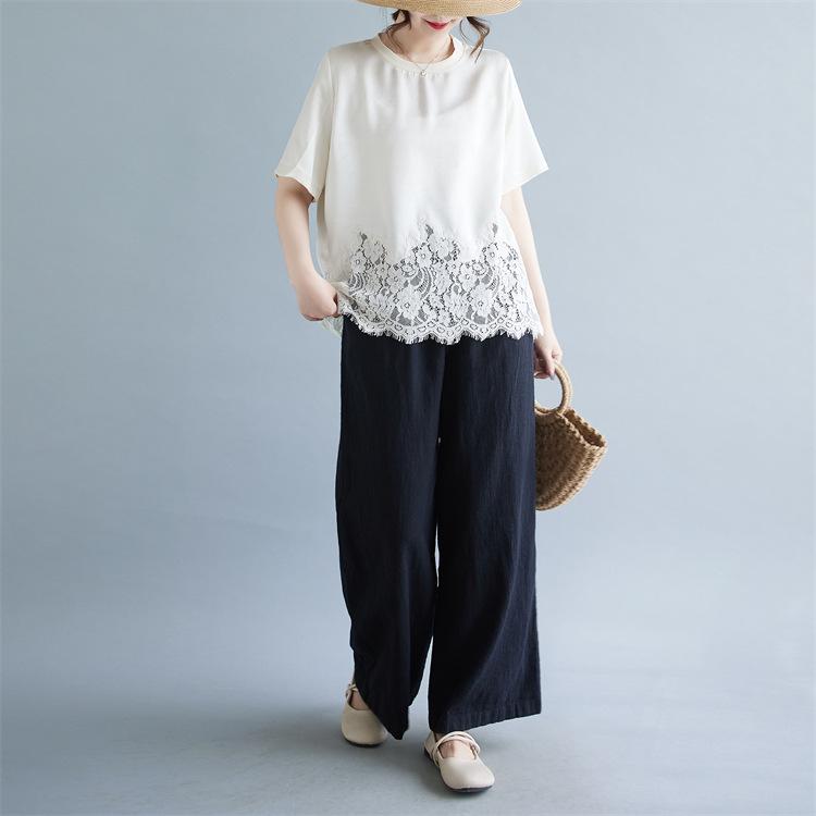 2026 Summer Plus Size Lace Patchwork Top - Japanese Korean Style