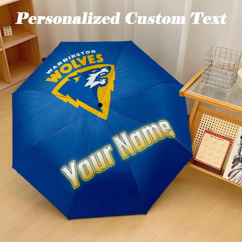 Warrington Wolves Automatic 8‑ribs Umbrella, Custom Name Text Personalized Folding Umbrella Rain Sun Gift
