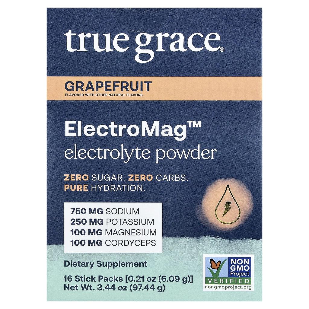 True Grace, ElectroMag™, Electrolyte Powder, Grapefruit, 16 Stick Packs, 6.09 g (0.21 oz) Each