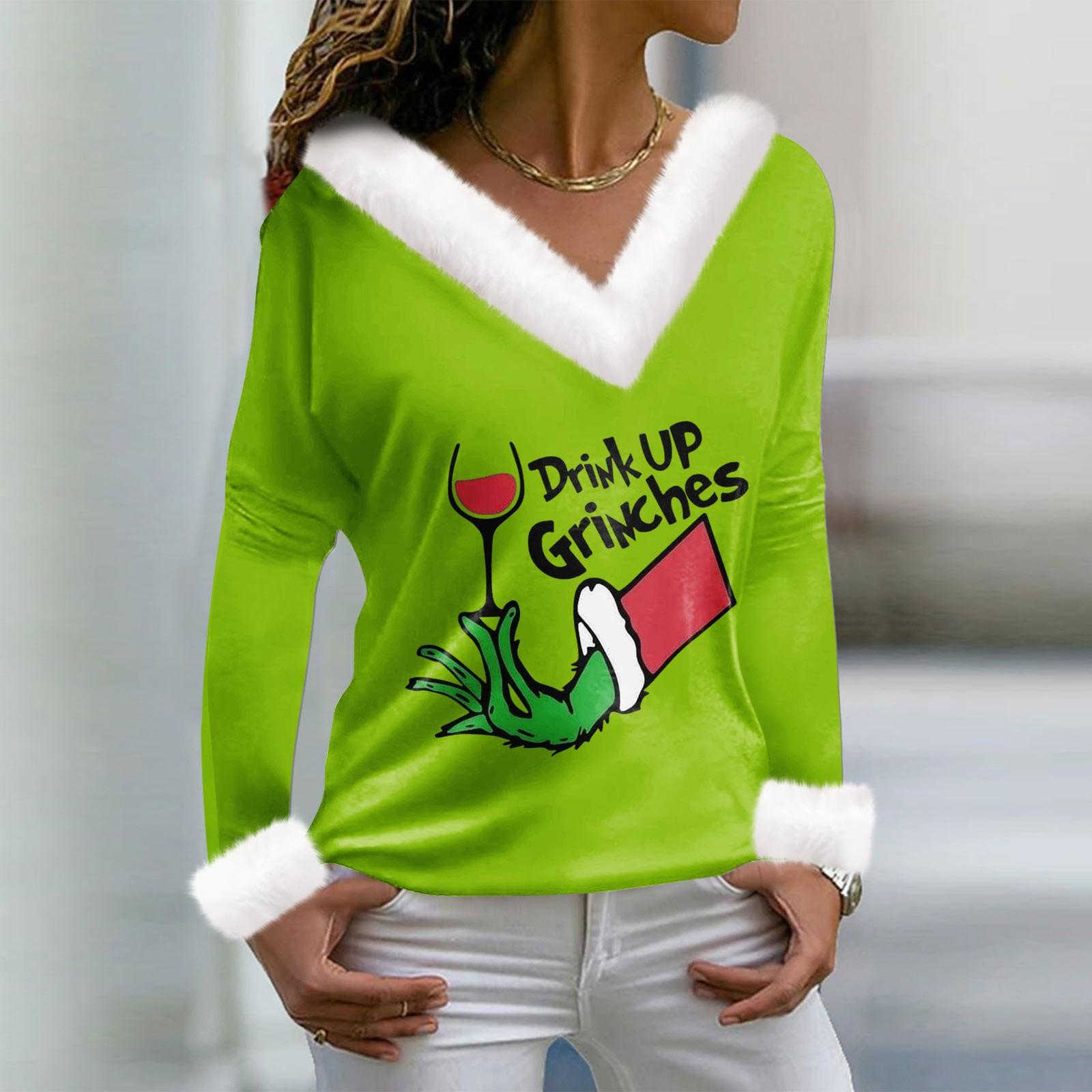 

Жіноча плюшева сорочка з V-подібним вирізом, різдвяна блуза з принтом Grinchmas і довгими рукавами S