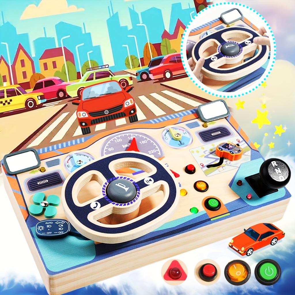 Wooden Busy Board,Sensory Toys with Light Switch,Steering Wheel Busy Board ,Travel Toys for Educational Kid Activities for Boys Girls, Random Color