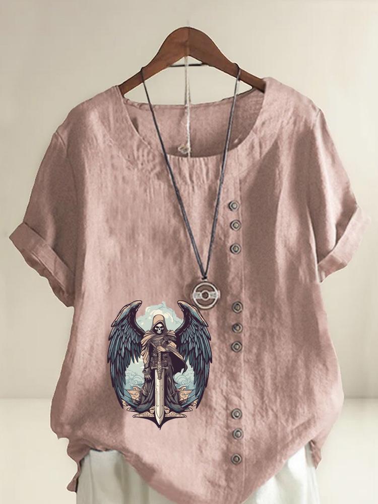Women s Fashion Devil Angel Print Casual Cotton Linen Short Sleeve Round Neck T-shirt Shirt Leisure Loose Summer Blouse Tops S розовый